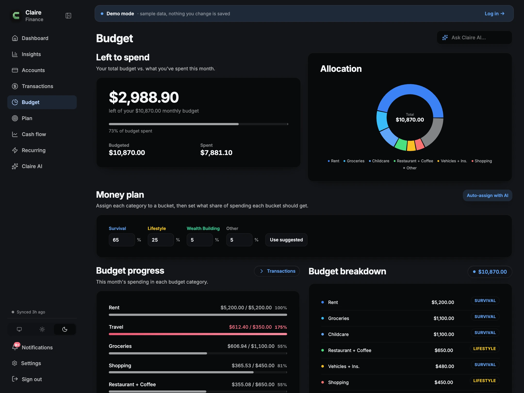 Claire Finance: Budgets, dark mode, with sample data