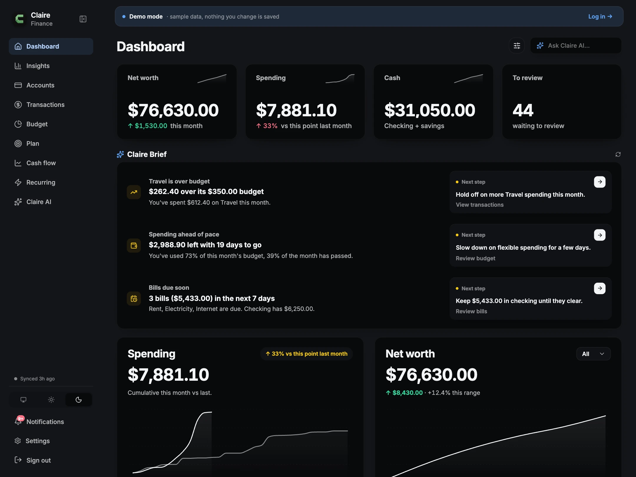 Claire Finance: Dashboard, dark mode, with sample data