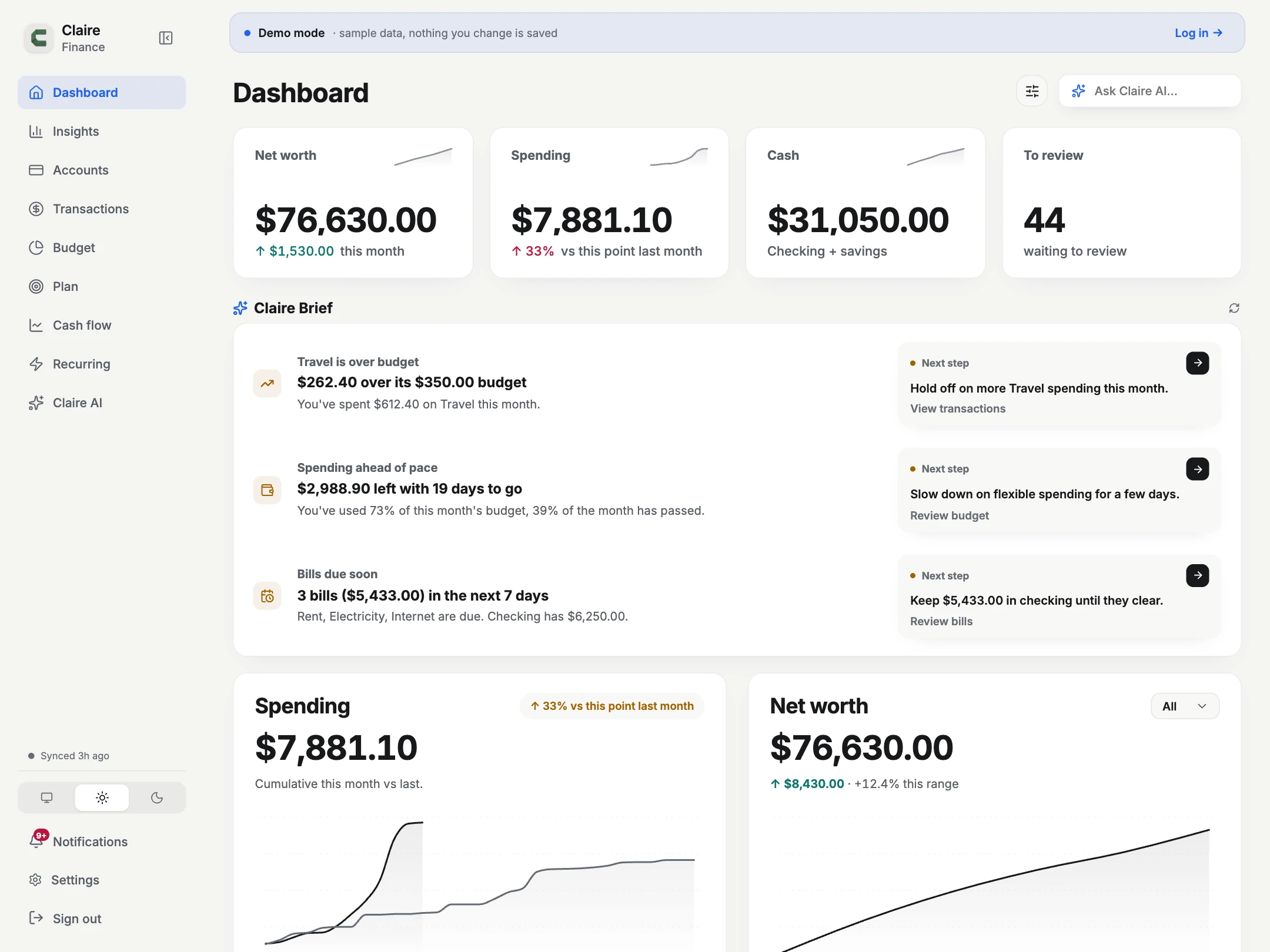 Claire Finance: Dashboard, light mode, with sample data