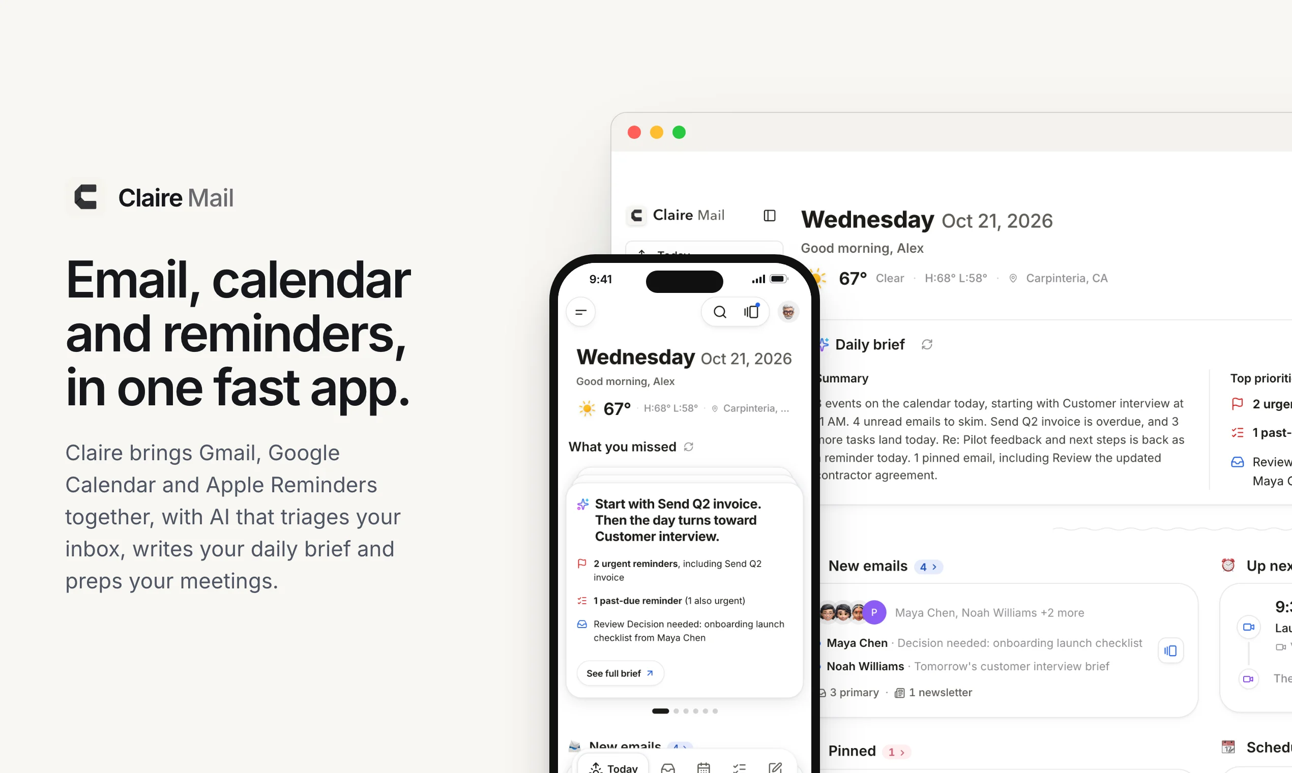 Claire Mail: email, calendar and reminders in one fast app. Today on Mac and iPhone, with sample data.