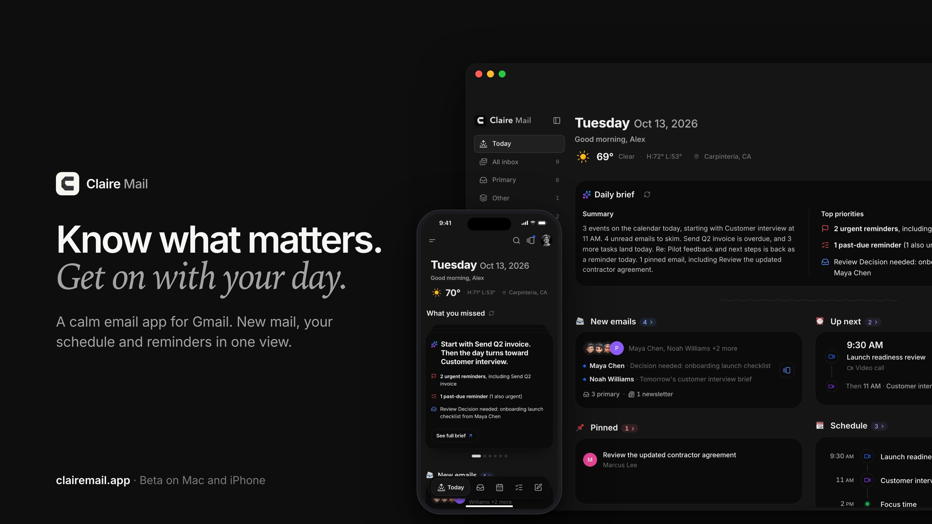 Claire Mail: Know what matters. Get on with your day. Today on Mac and iPhone in dark mode, with sample data.