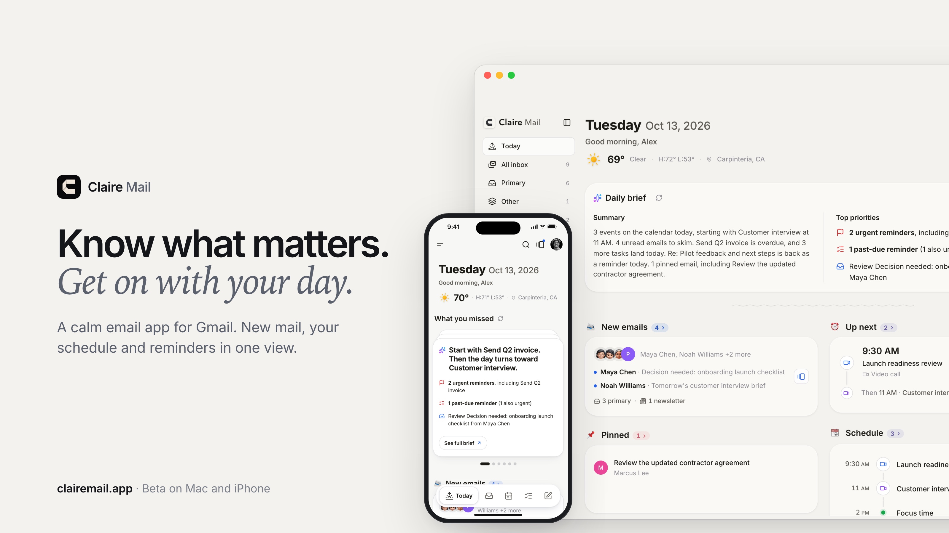 Claire Mail: Know what matters. Get on with your day. Today on Mac and iPhone, with sample data.