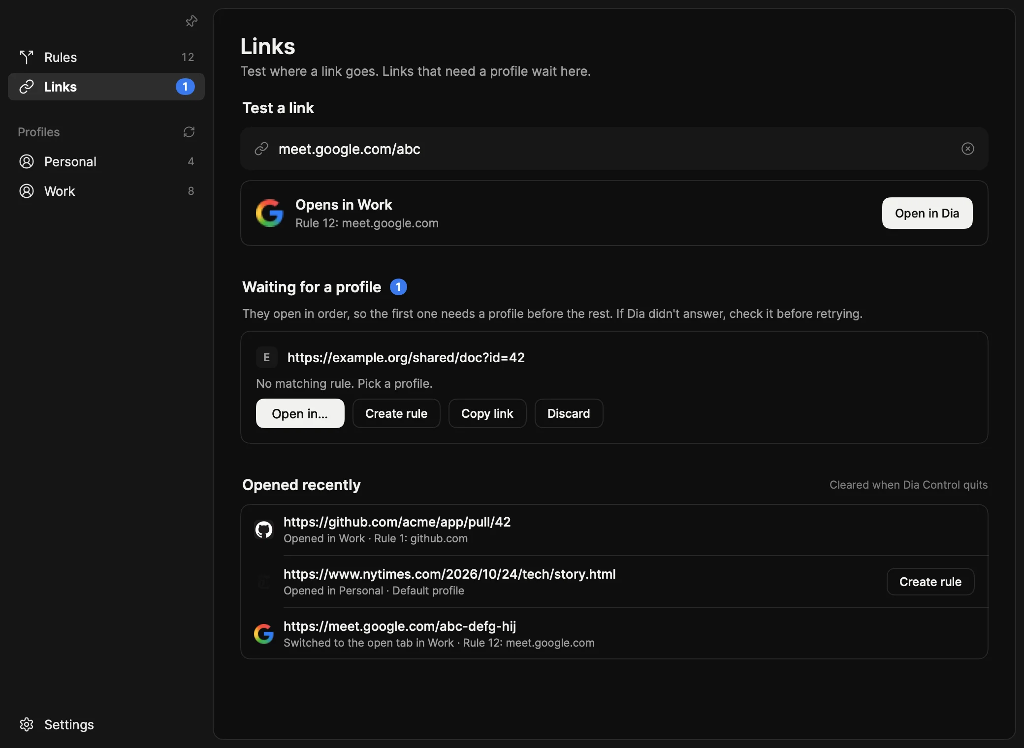 Dia Control: link test, links waiting for a profile and links opened recently, dark mode