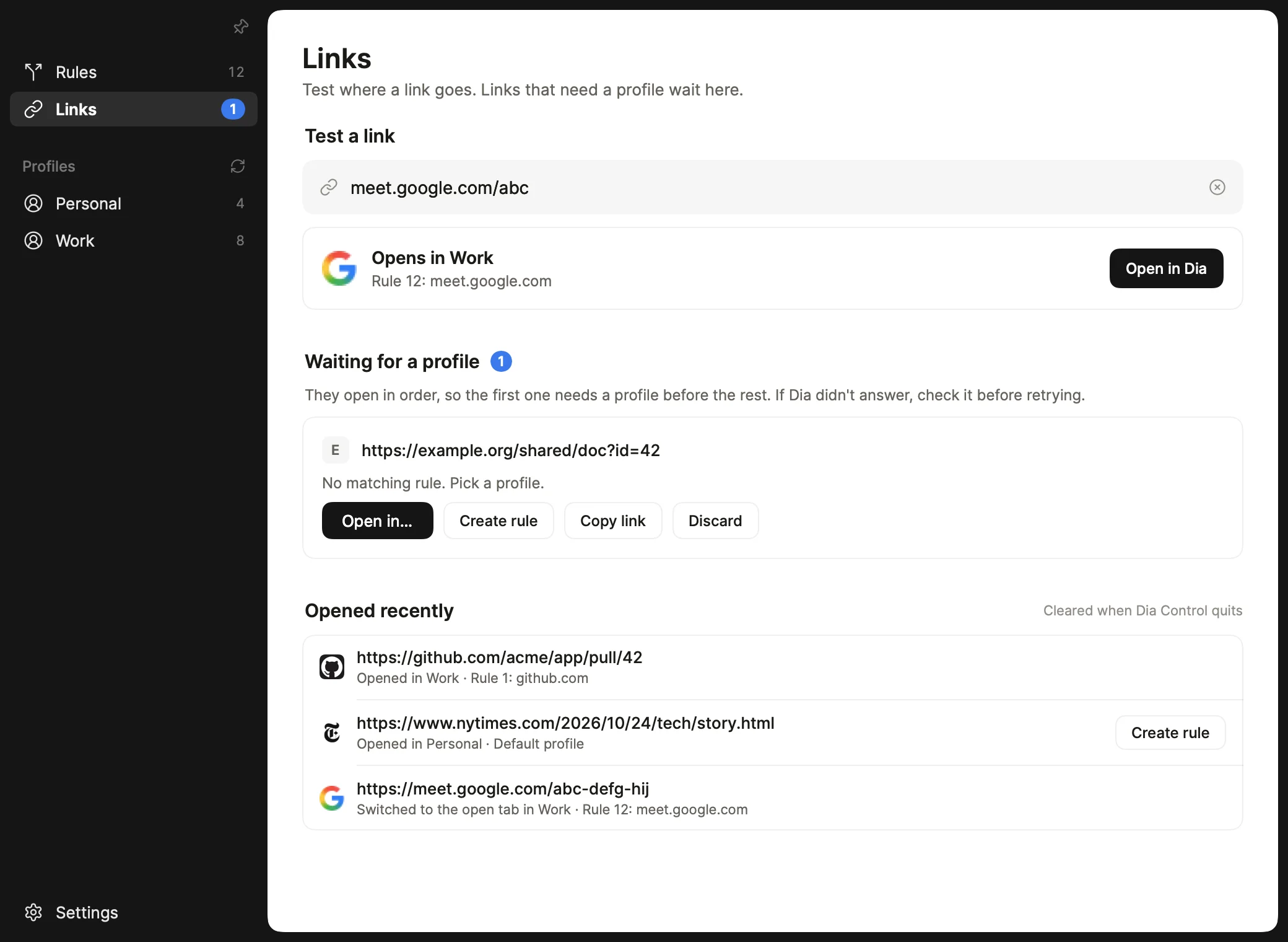 Dia Control: link test, links waiting for a profile and links opened recently, light mode