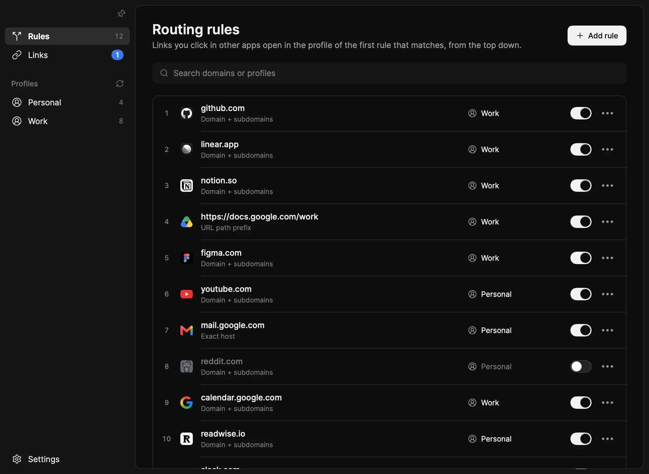 Dia Control: routing rules such as github.com to Work and youtube.com to Personal, dark mode
