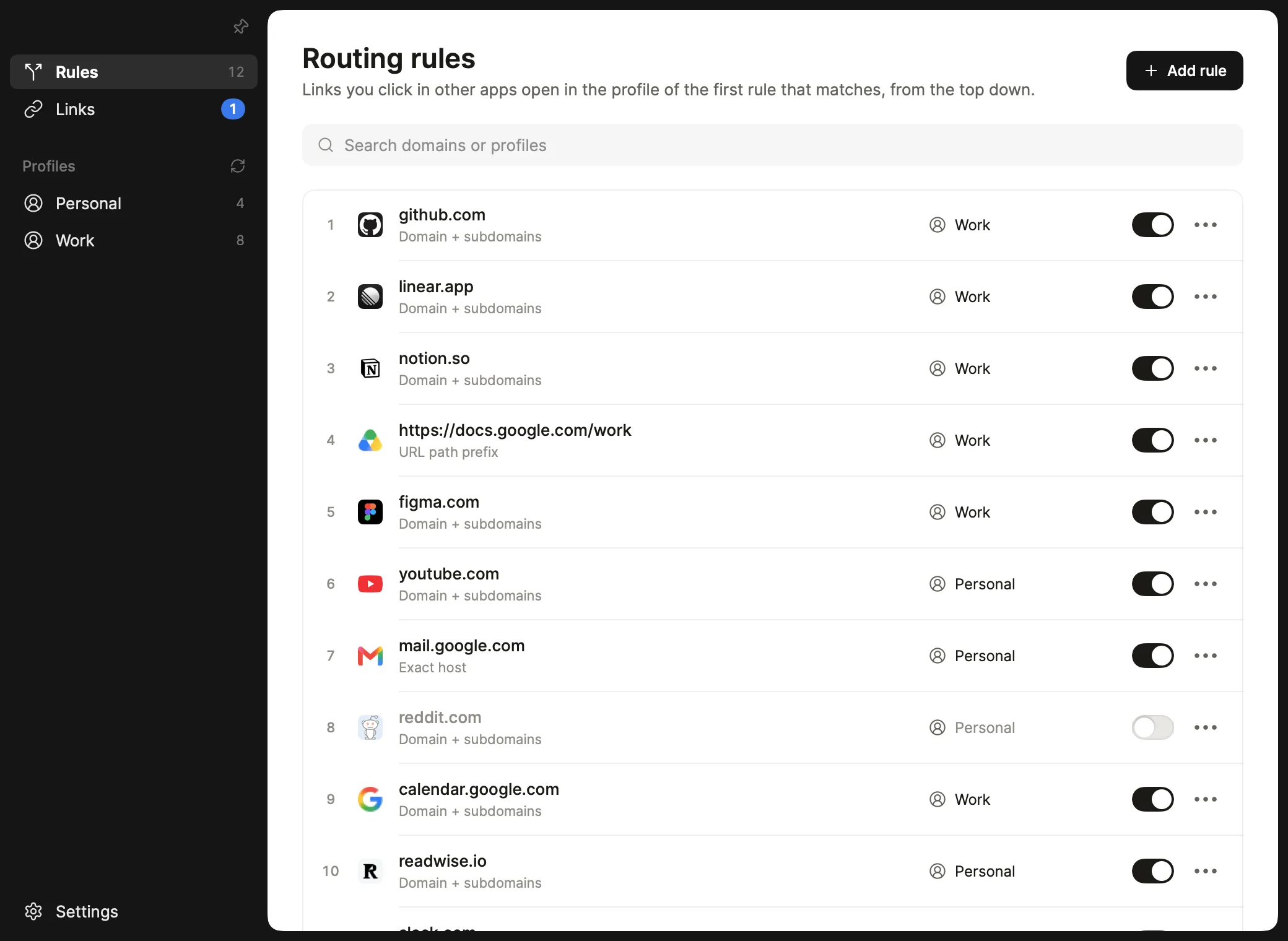 Dia Control: routing rules such as github.com to Work and youtube.com to Personal, light mode
